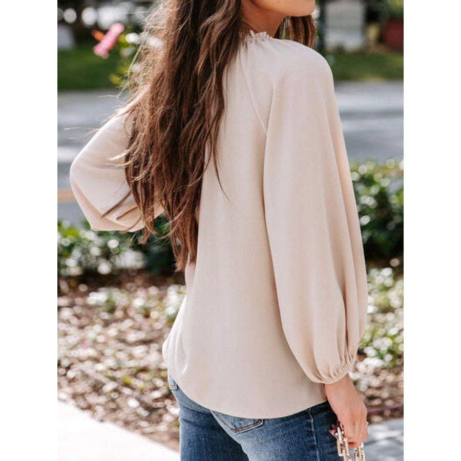 Ruched Notched Balloon Sleeve Blouse Apparel and Accessories