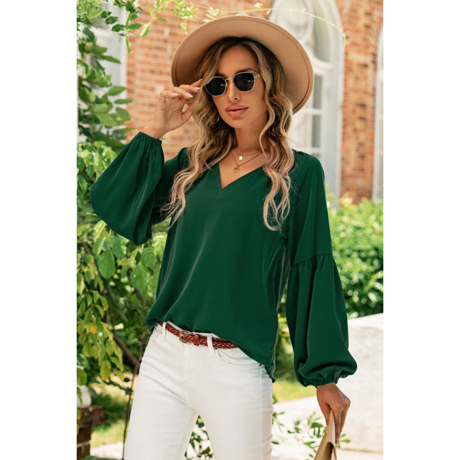 Ruched Notched Balloon Sleeve Blouse Apparel and Accessories