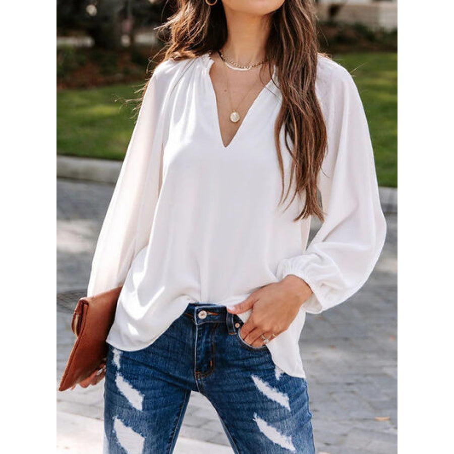 Ruched Notched Balloon Sleeve Blouse Apparel and Accessories