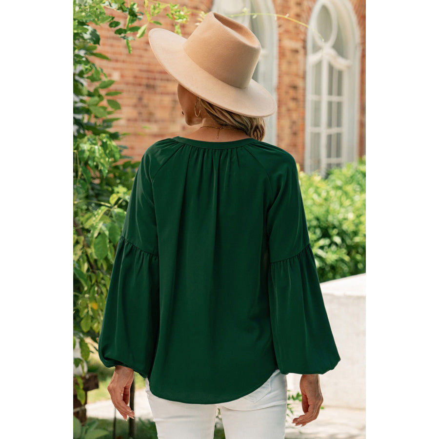 Ruched Notched Balloon Sleeve Blouse Apparel and Accessories