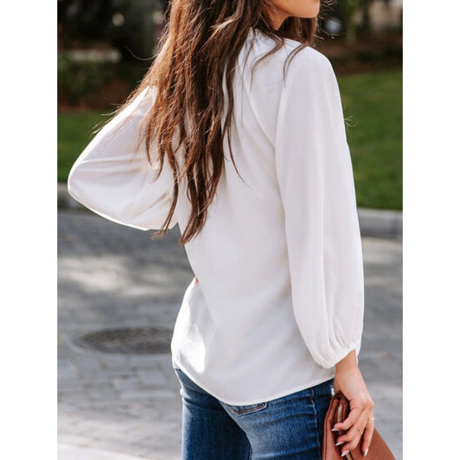 Ruched Notched Balloon Sleeve Blouse Apparel and Accessories