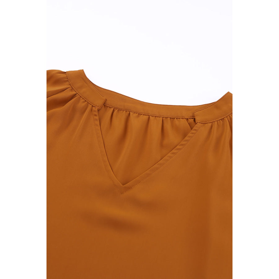 Ruched Notched Balloon Sleeve Blouse Apparel and Accessories