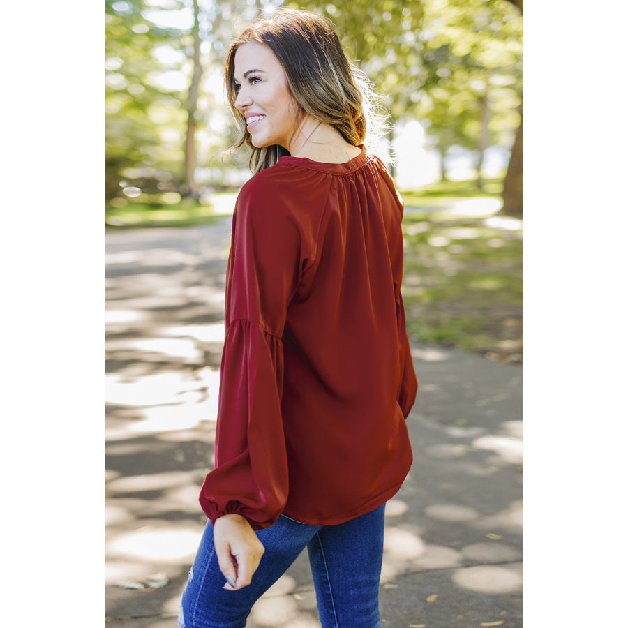 Ruched Notched Balloon Sleeve Blouse Apparel and Accessories