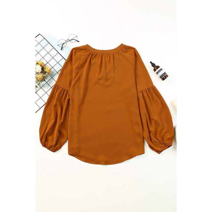 Ruched Notched Balloon Sleeve Blouse Apparel and Accessories