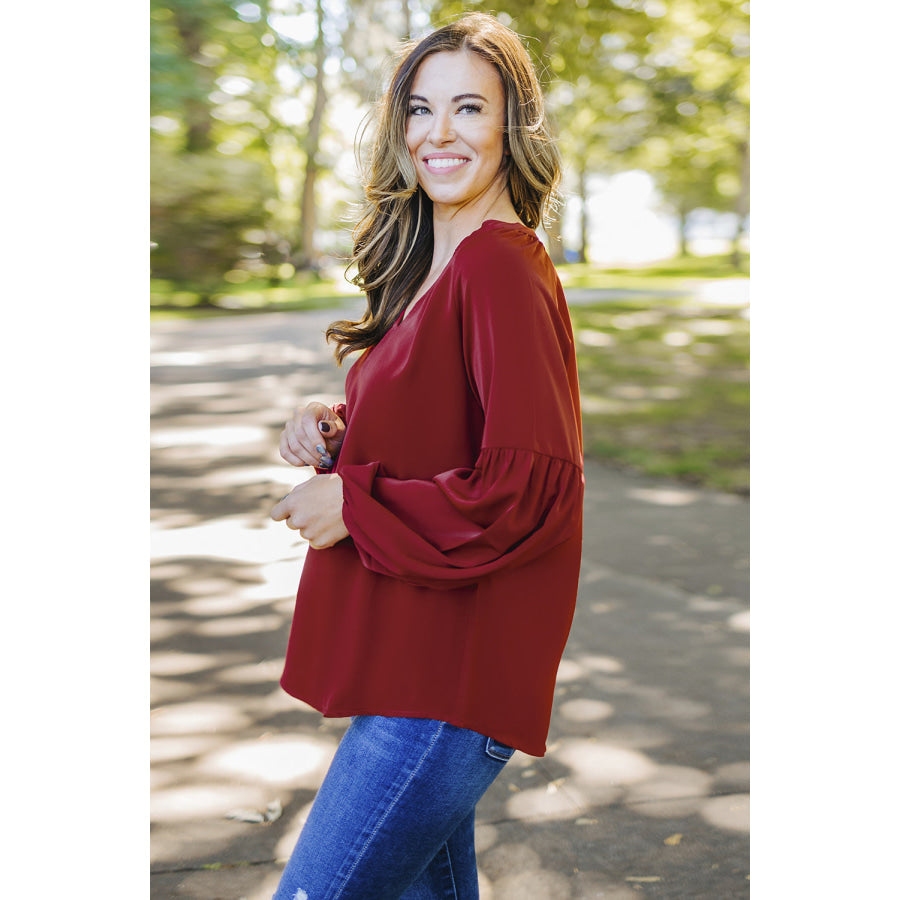 Ruched Notched Balloon Sleeve Blouse Apparel and Accessories