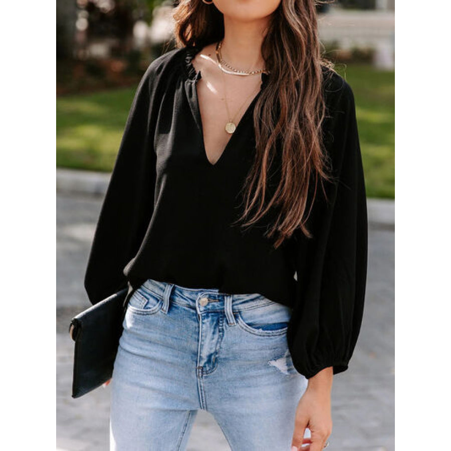 Ruched Notched Balloon Sleeve Blouse Black / S Apparel and Accessories