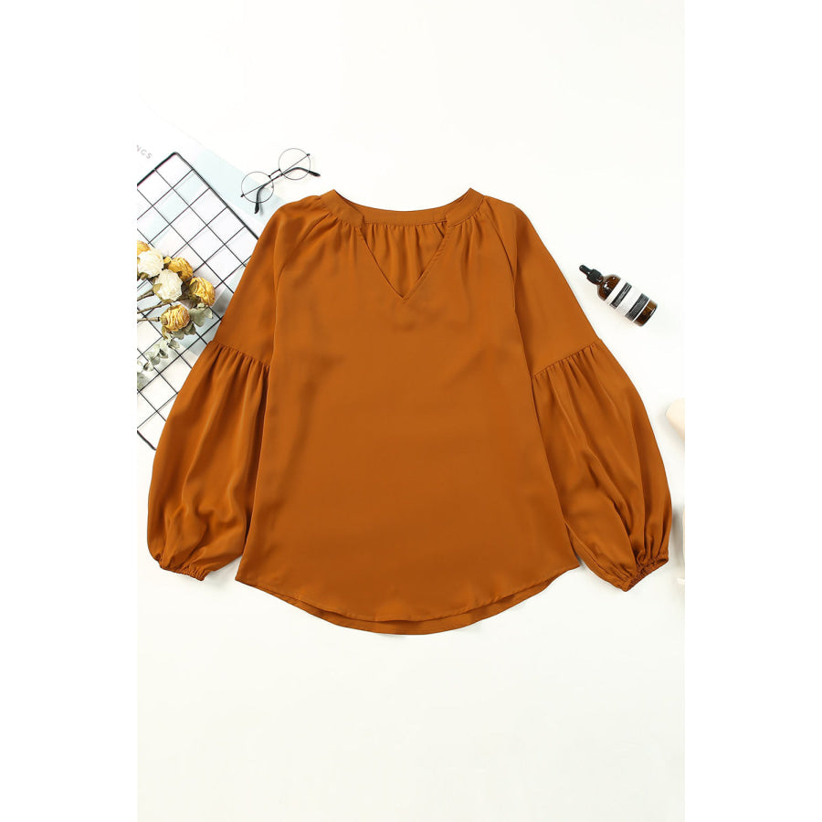 Ruched Notched Balloon Sleeve Blouse Chestnut / S Apparel and Accessories