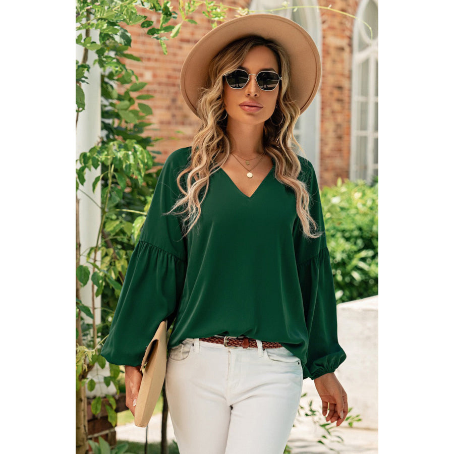 Ruched Notched Balloon Sleeve Blouse Green / S Apparel and Accessories