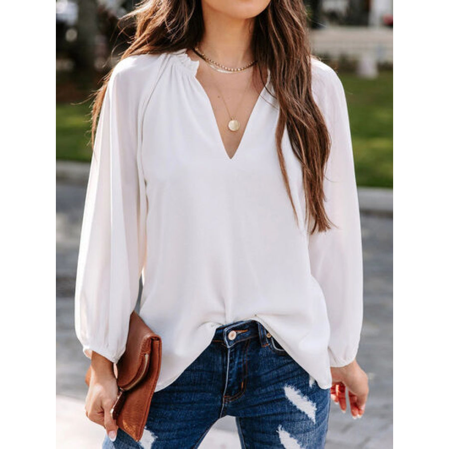 Ruched Notched Balloon Sleeve Blouse White / S Apparel and Accessories