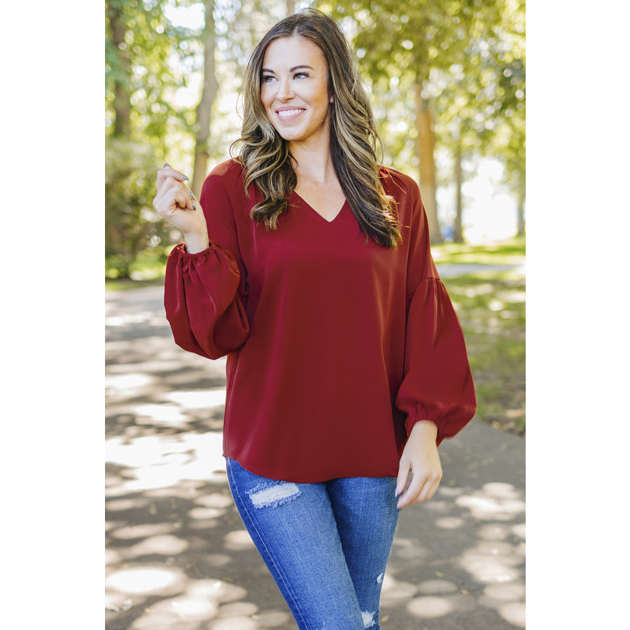 Ruched Notched Balloon Sleeve Blouse Wine / S Apparel and Accessories