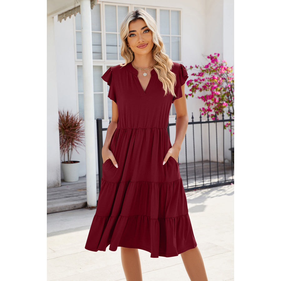 Ruched Notched Cap Sleeve Dress Apparel and Accessories