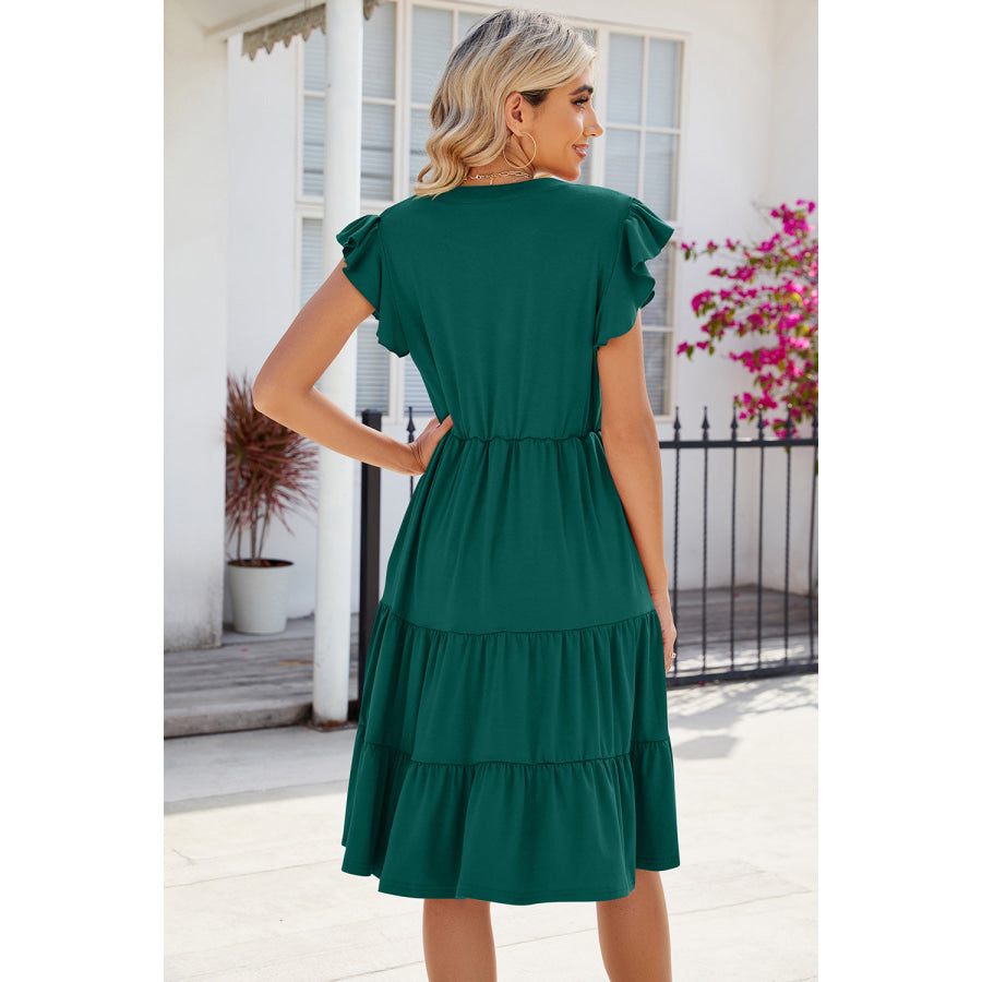 Ruched Notched Cap Sleeve Dress Green / S Apparel and Accessories