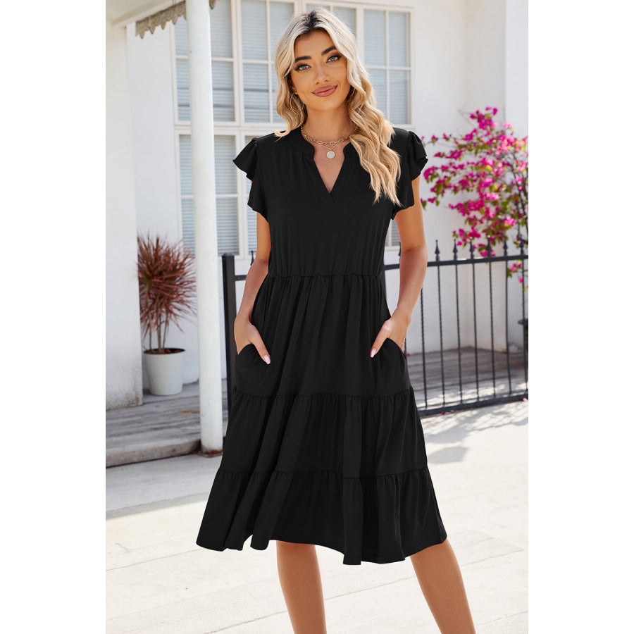 Ruched Notched Cap Sleeve Dress Black / S Apparel and Accessories