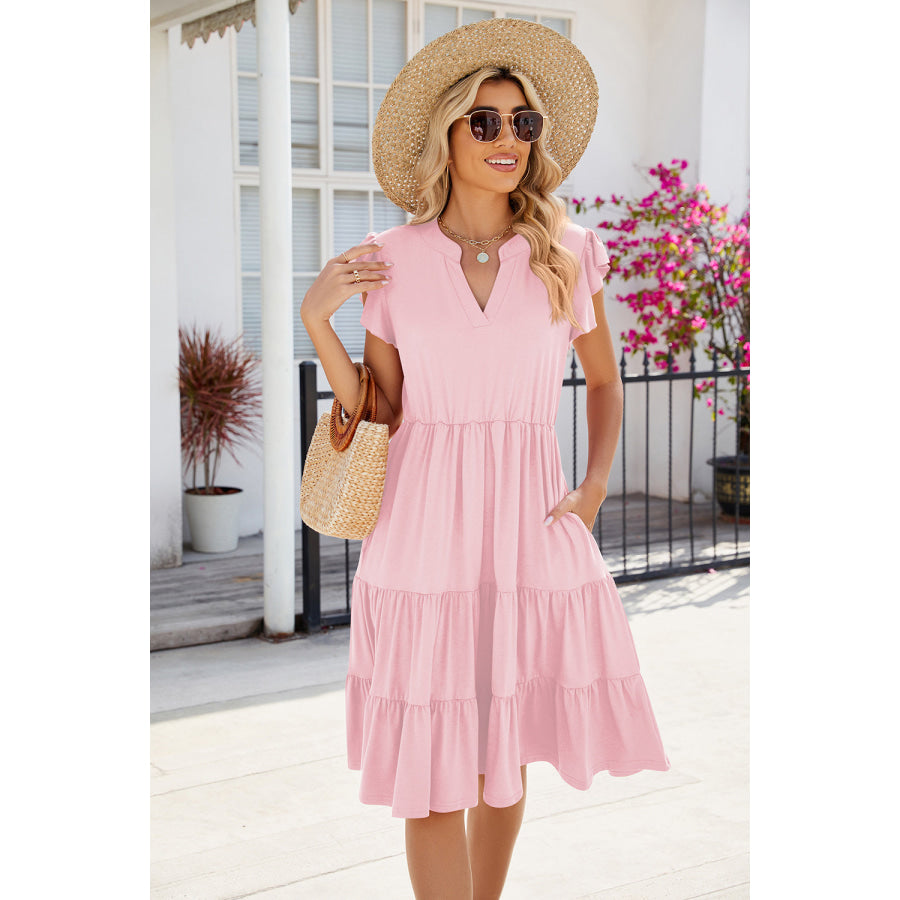 Ruched Notched Cap Sleeve Dress Carnation Pink / S Apparel and Accessories