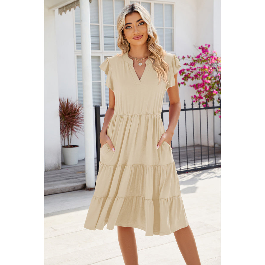 Ruched Notched Cap Sleeve Dress Cream / S Apparel and Accessories