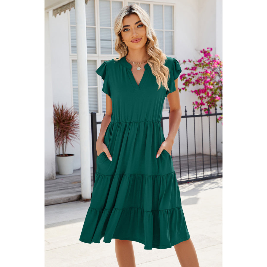 Ruched Notched Cap Sleeve Dress Green / S Apparel and Accessories