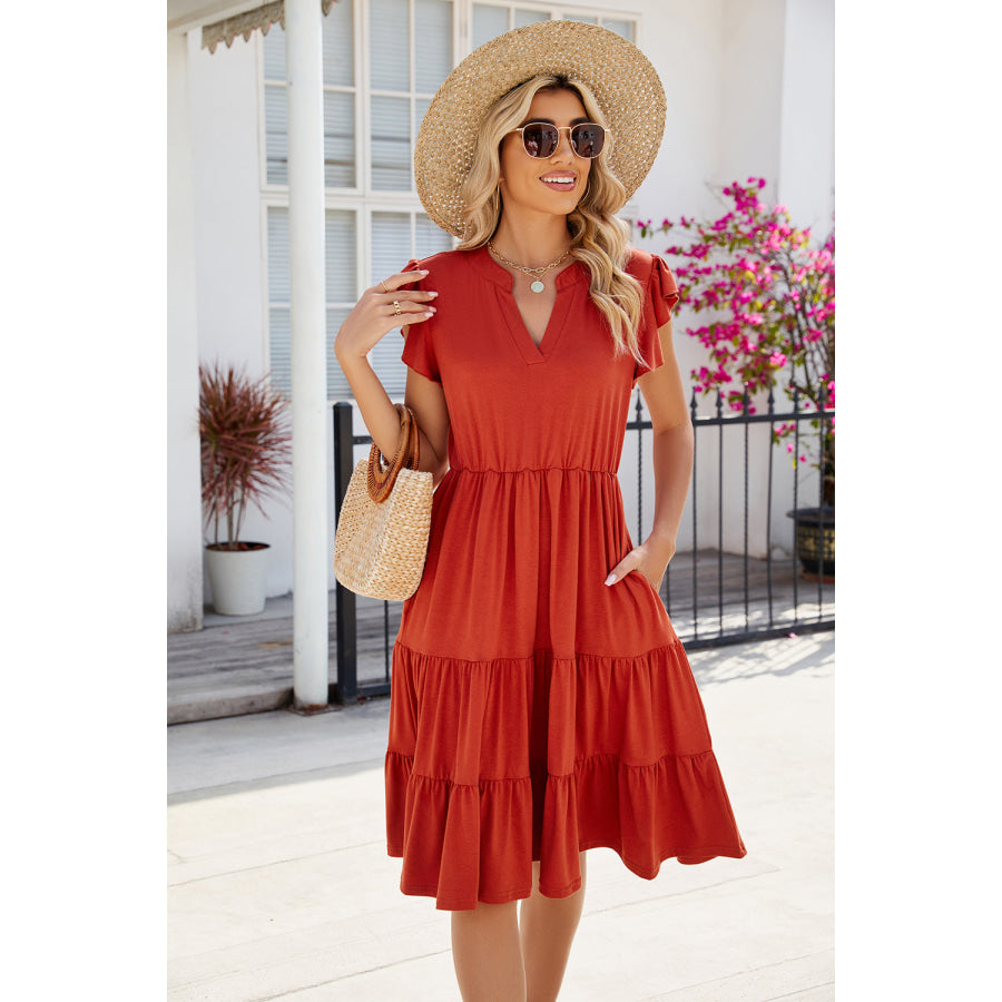 Ruched Notched Cap Sleeve Dress Red Orange / S Apparel and Accessories