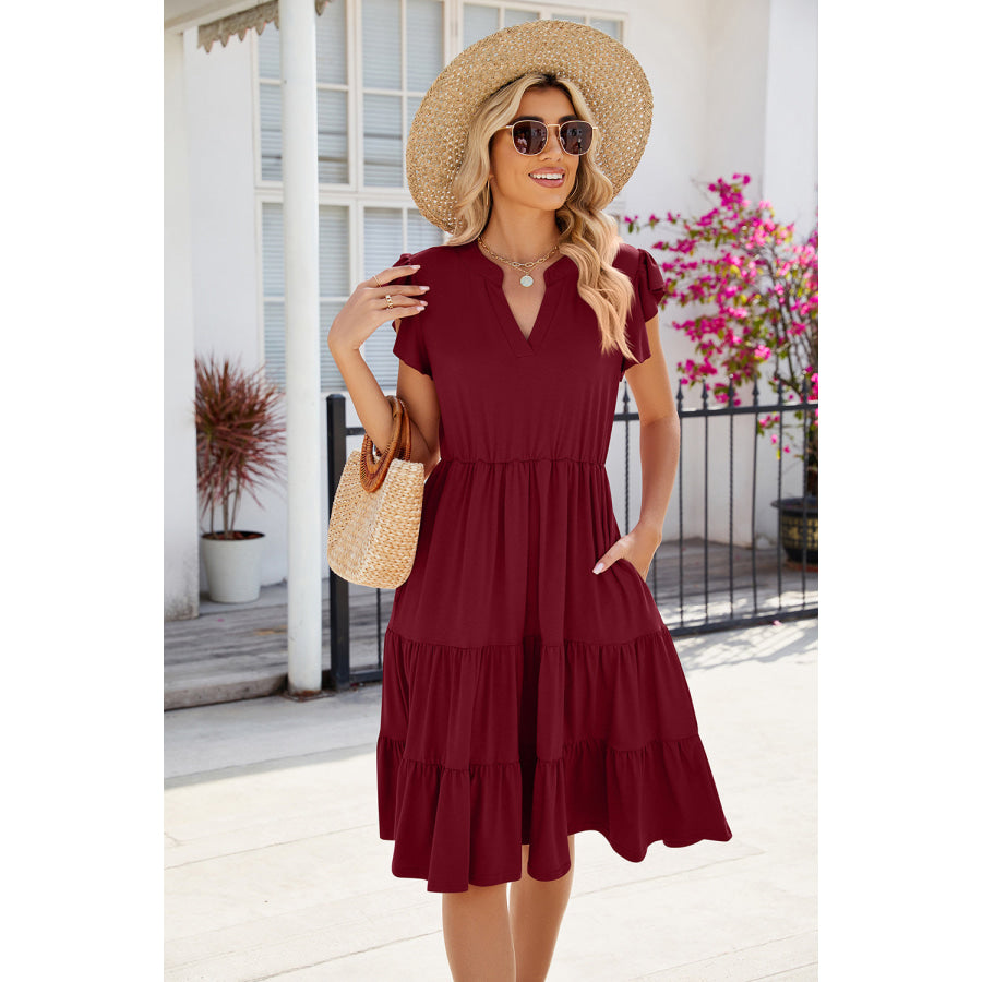 Ruched Notched Cap Sleeve Dress Wine / S Apparel and Accessories