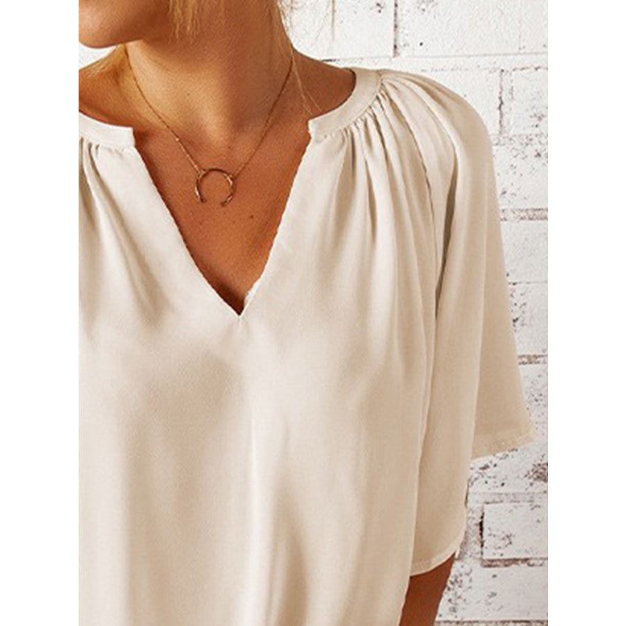 Ruched Notched Half Sleeve Blouse Apparel and Accessories