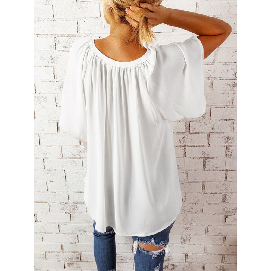 Ruched Notched Half Sleeve Blouse Apparel and Accessories