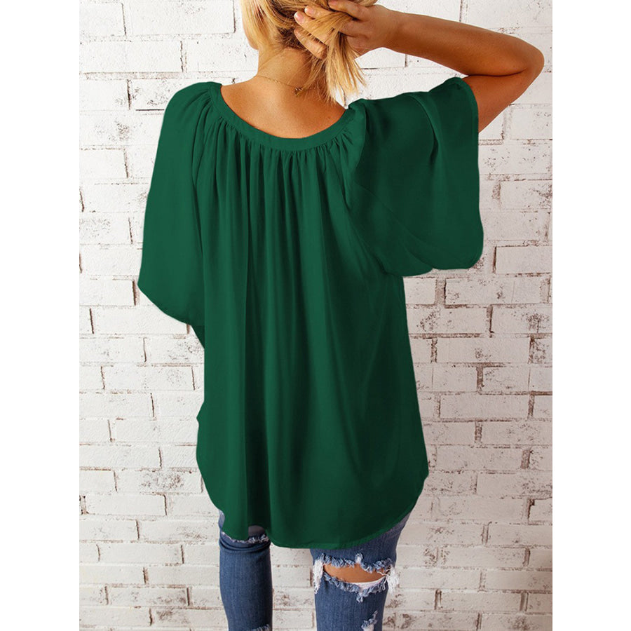 Ruched Notched Half Sleeve Blouse Apparel and Accessories