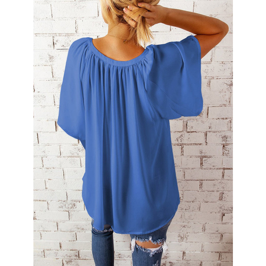 Ruched Notched Half Sleeve Blouse Apparel and Accessories