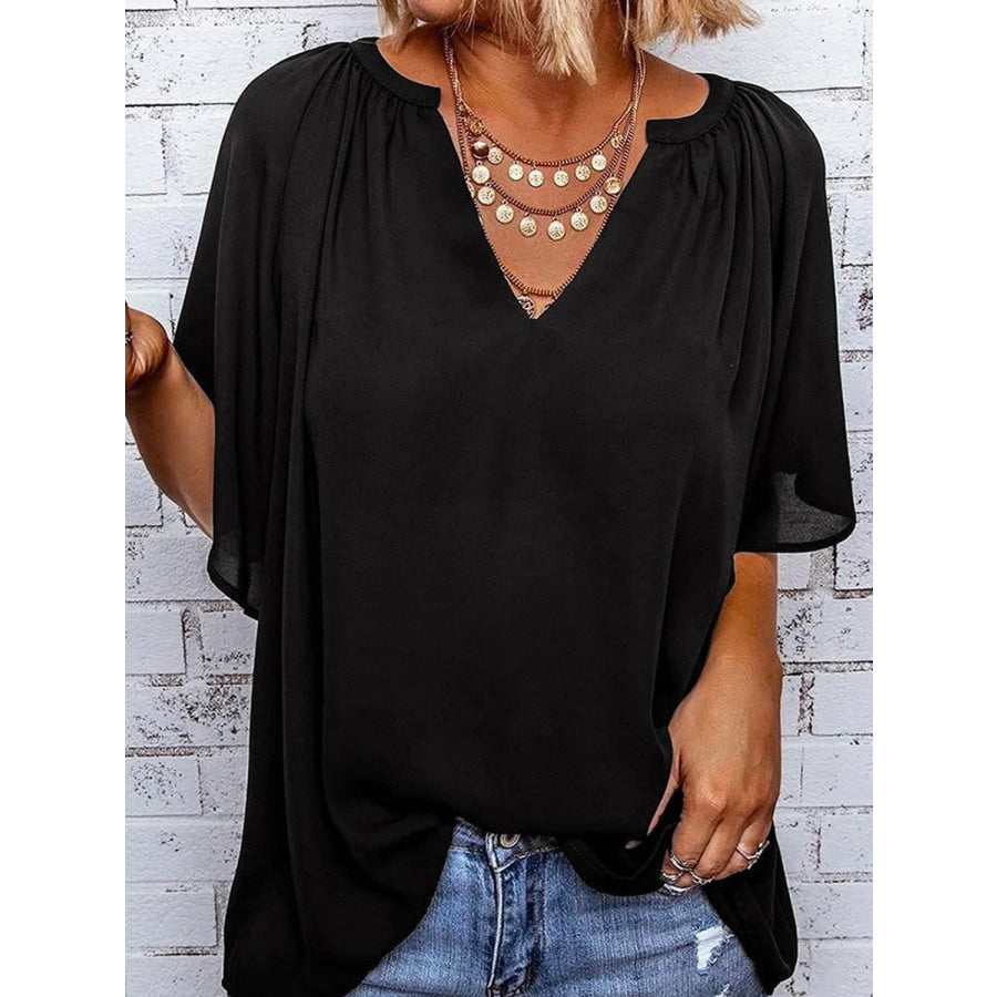 Ruched Notched Half Sleeve Blouse Apparel and Accessories