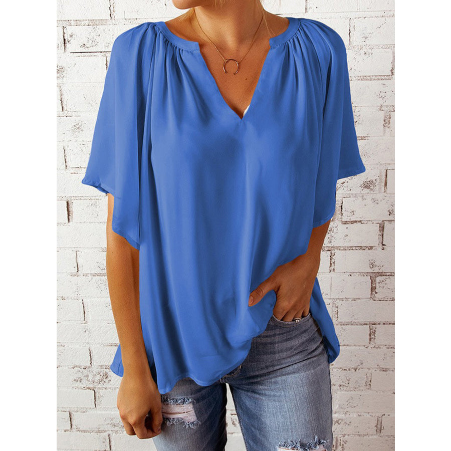 Ruched Notched Half Sleeve Blouse Apparel and Accessories