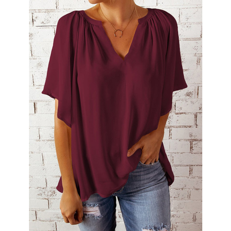 Ruched Notched Half Sleeve Blouse Apparel and Accessories