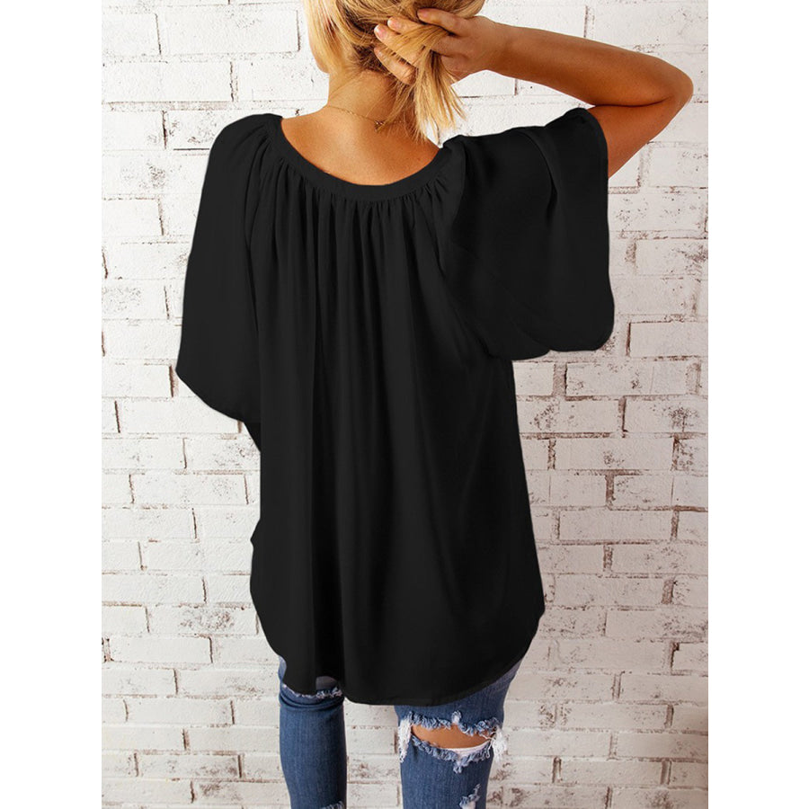 Ruched Notched Half Sleeve Blouse Apparel and Accessories