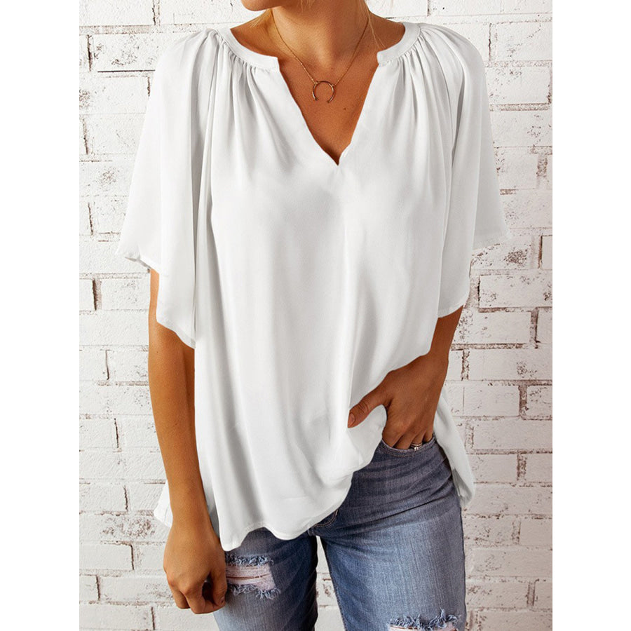 Ruched Notched Half Sleeve Blouse Apparel and Accessories