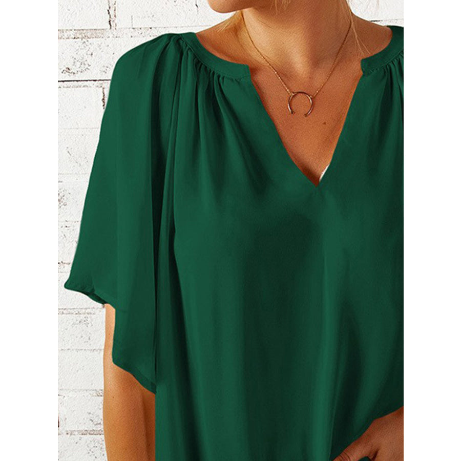 Ruched Notched Half Sleeve Blouse Apparel and Accessories