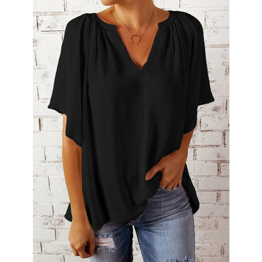 Ruched Notched Half Sleeve Blouse Apparel and Accessories