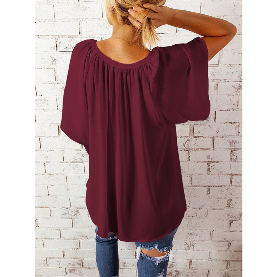 Ruched Notched Half Sleeve Blouse Apparel and Accessories