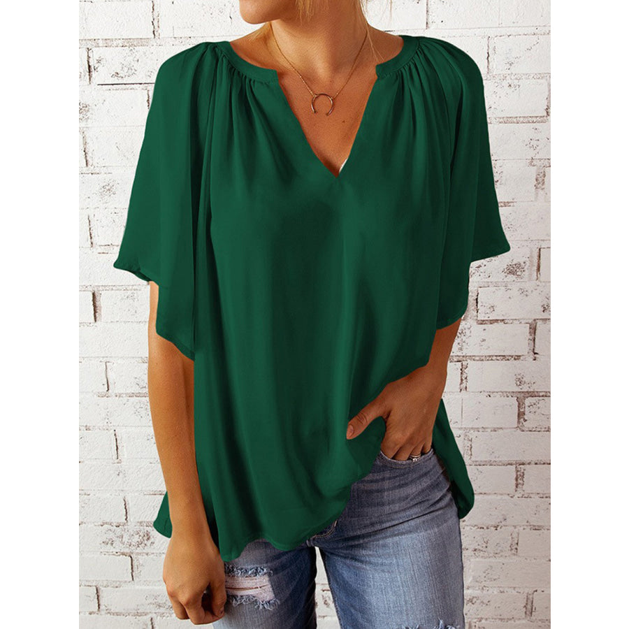 Ruched Notched Half Sleeve Blouse Black Forest / S Apparel and Accessories