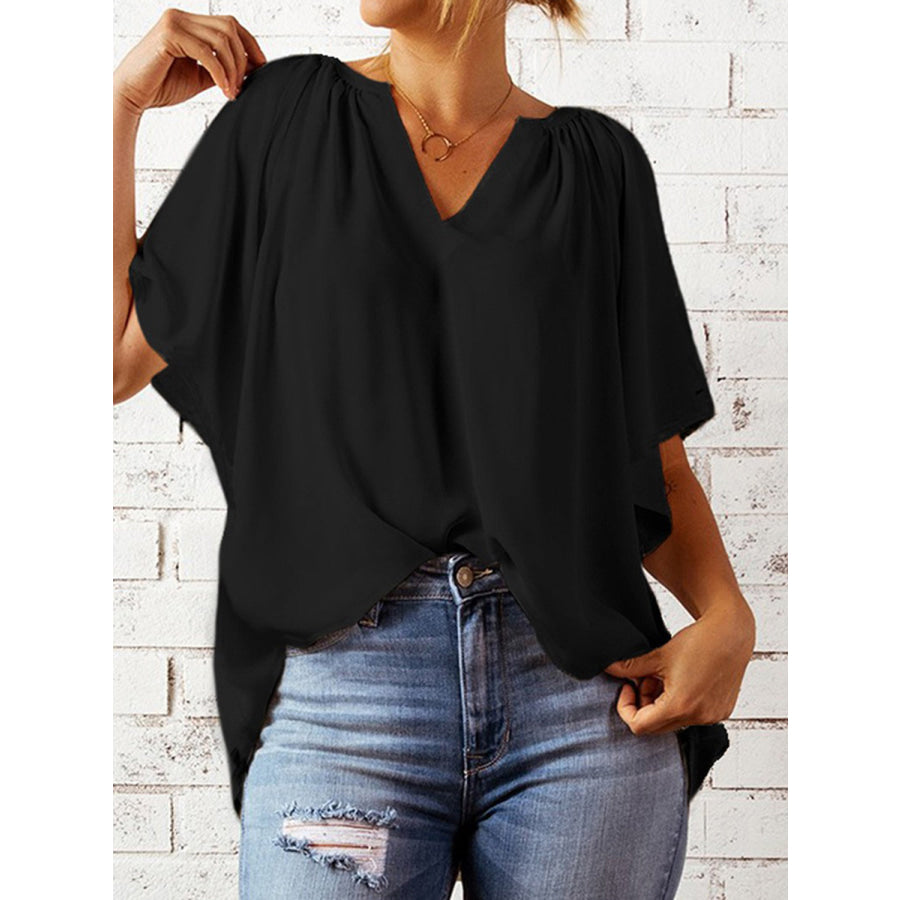 Ruched Notched Half Sleeve Blouse Black / S Apparel and Accessories