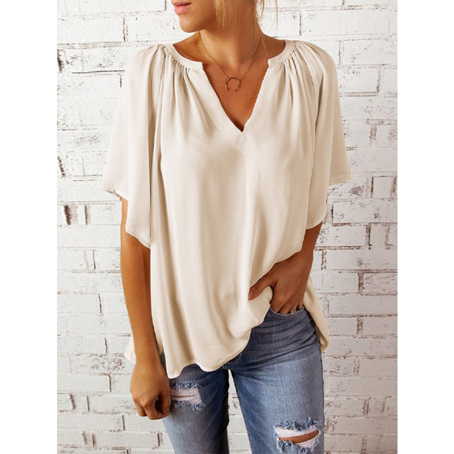 Ruched Notched Half Sleeve Blouse Sand / S Apparel and Accessories