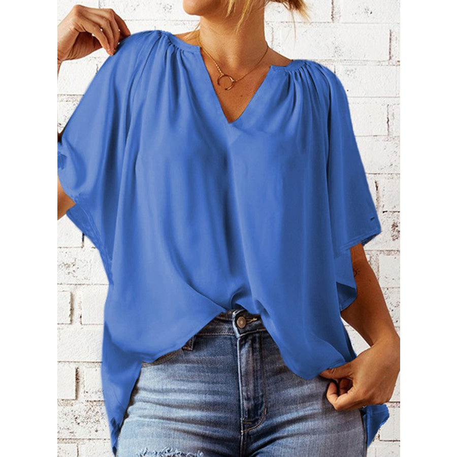 Ruched Notched Half Sleeve Blouse Ultra marine / S Apparel and Accessories