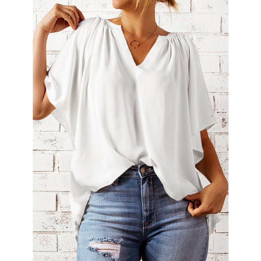 Ruched Notched Half Sleeve Blouse White / S Apparel and Accessories