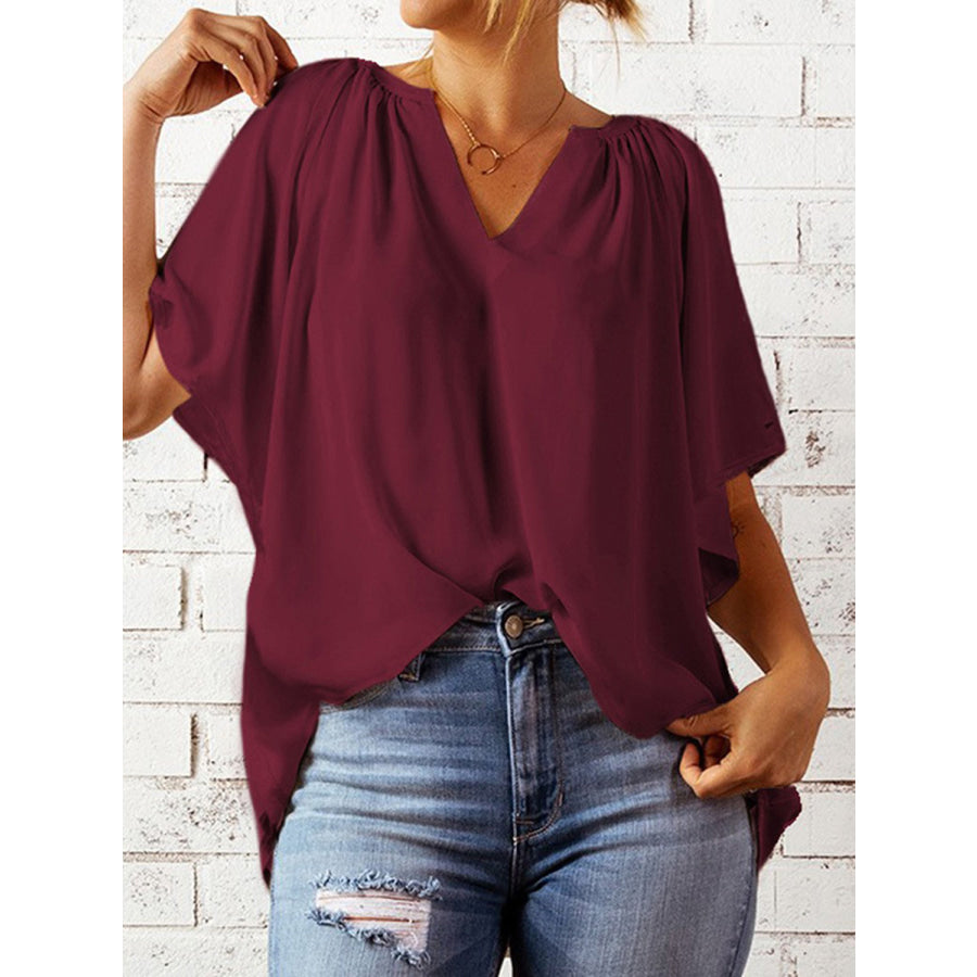 Ruched Notched Half Sleeve Blouse Wine / S Apparel and Accessories