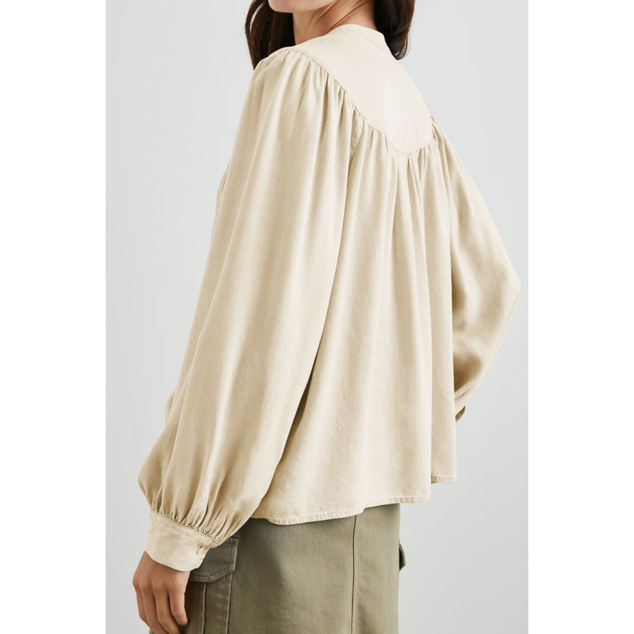 Ruched Notched Long Sleeve Blouse Apparel and Accessories