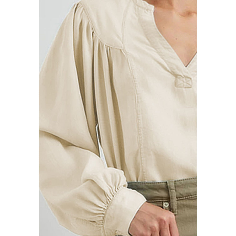 Ruched Notched Long Sleeve Blouse Apparel and Accessories