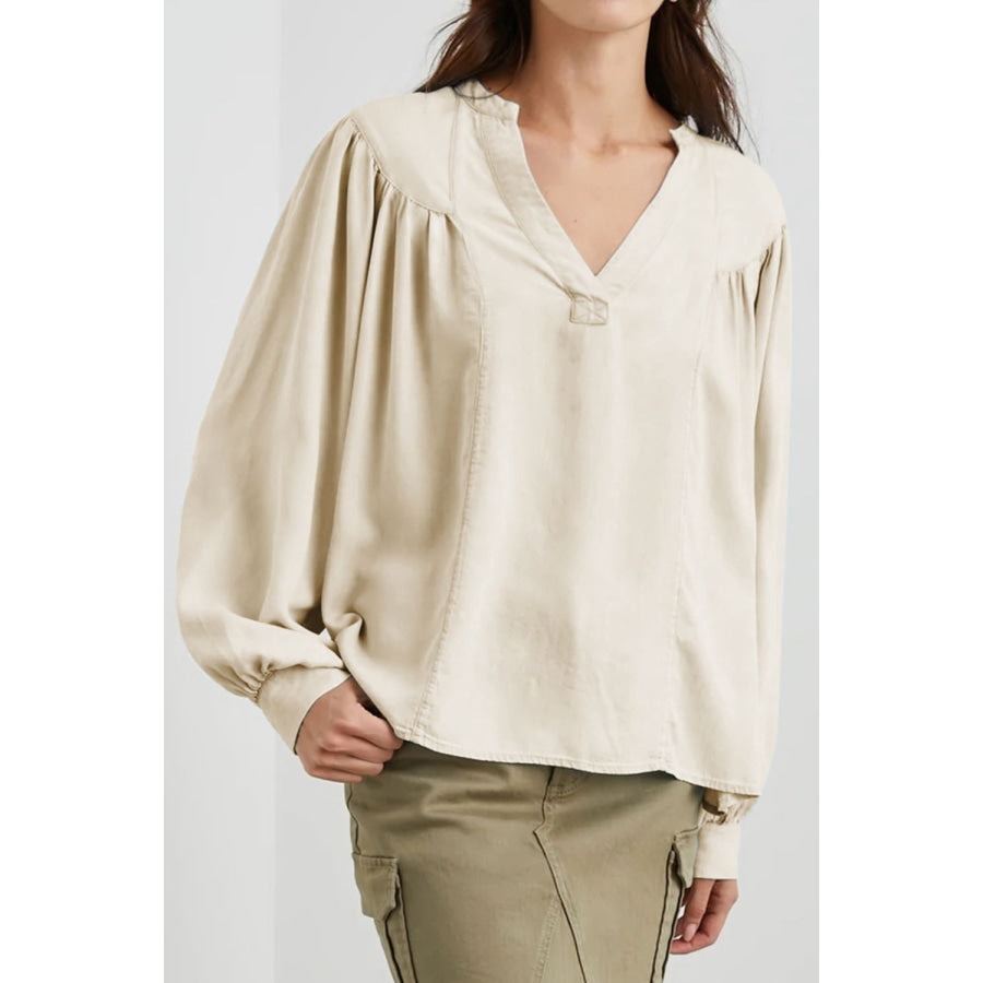 Ruched Notched Long Sleeve Blouse Ivory / S Apparel and Accessories