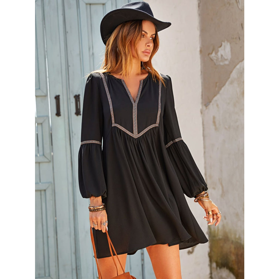 Ruched Notched Long Sleeve Mini Dress Apparel and Accessories