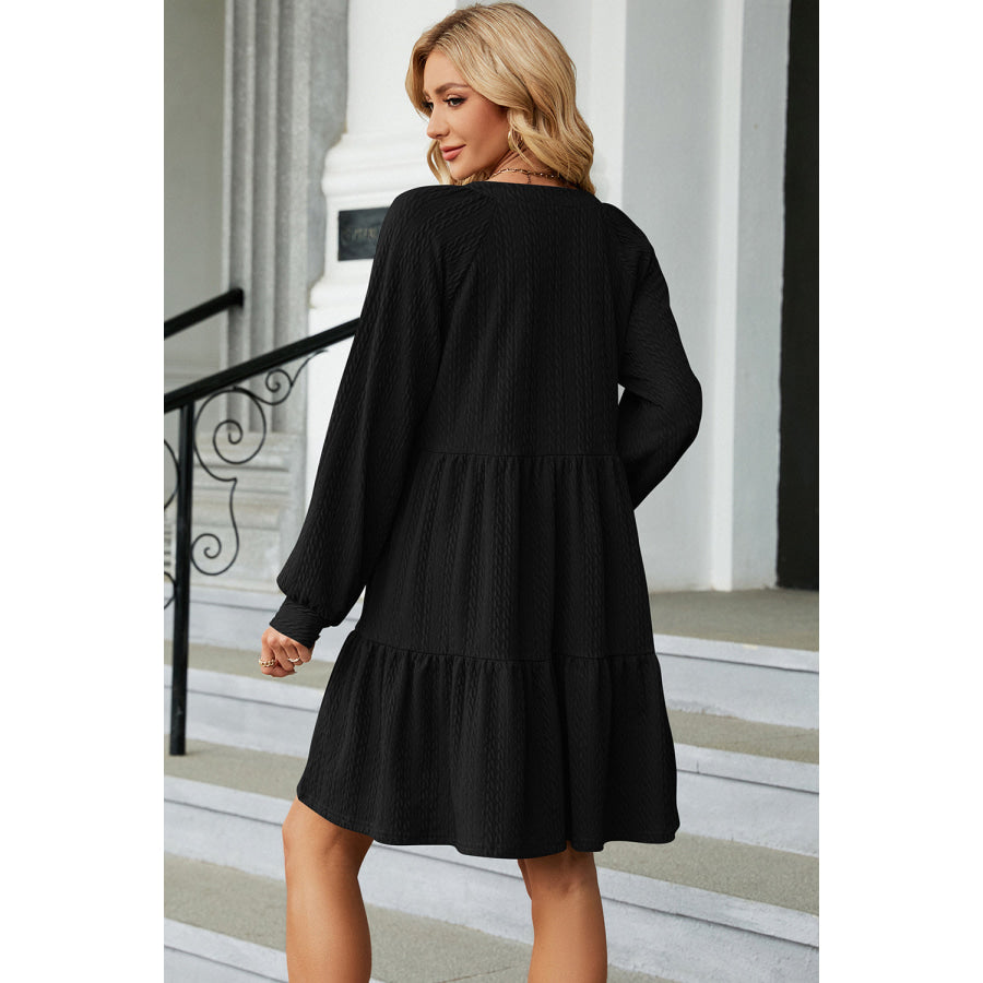 Ruched Notched Long Sleeve Mini Dress Apparel and Accessories