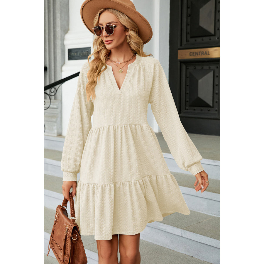 Ruched Notched Long Sleeve Mini Dress Apparel and Accessories