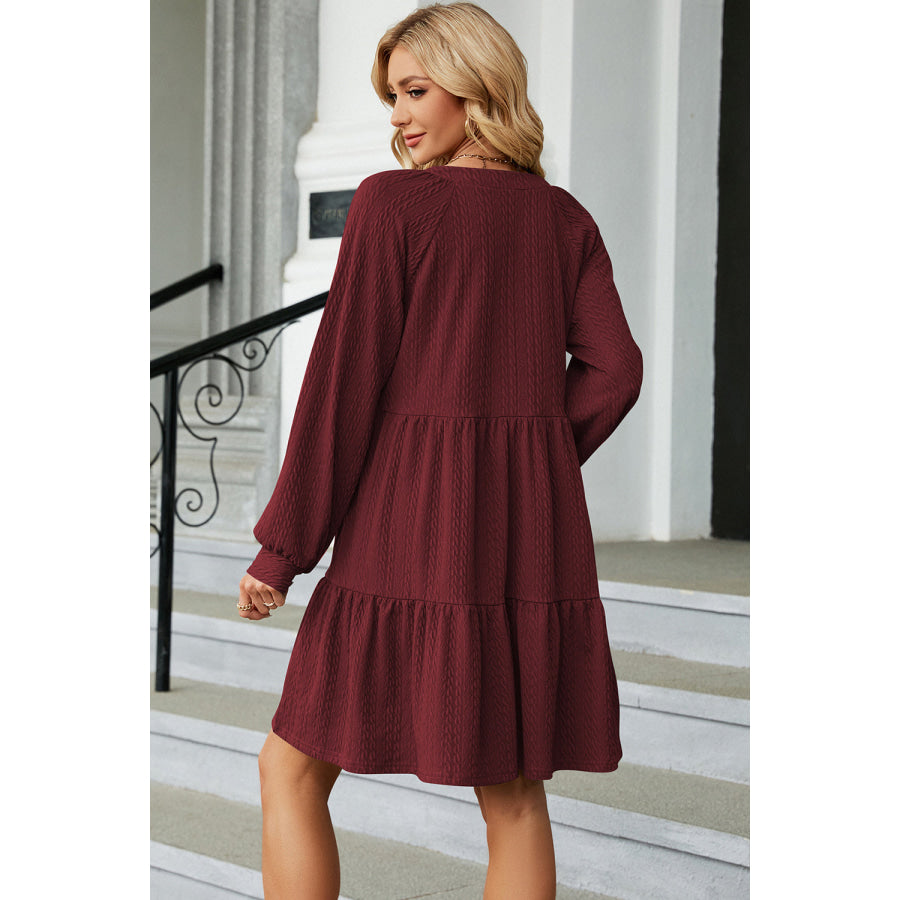 Ruched Notched Long Sleeve Mini Dress Apparel and Accessories