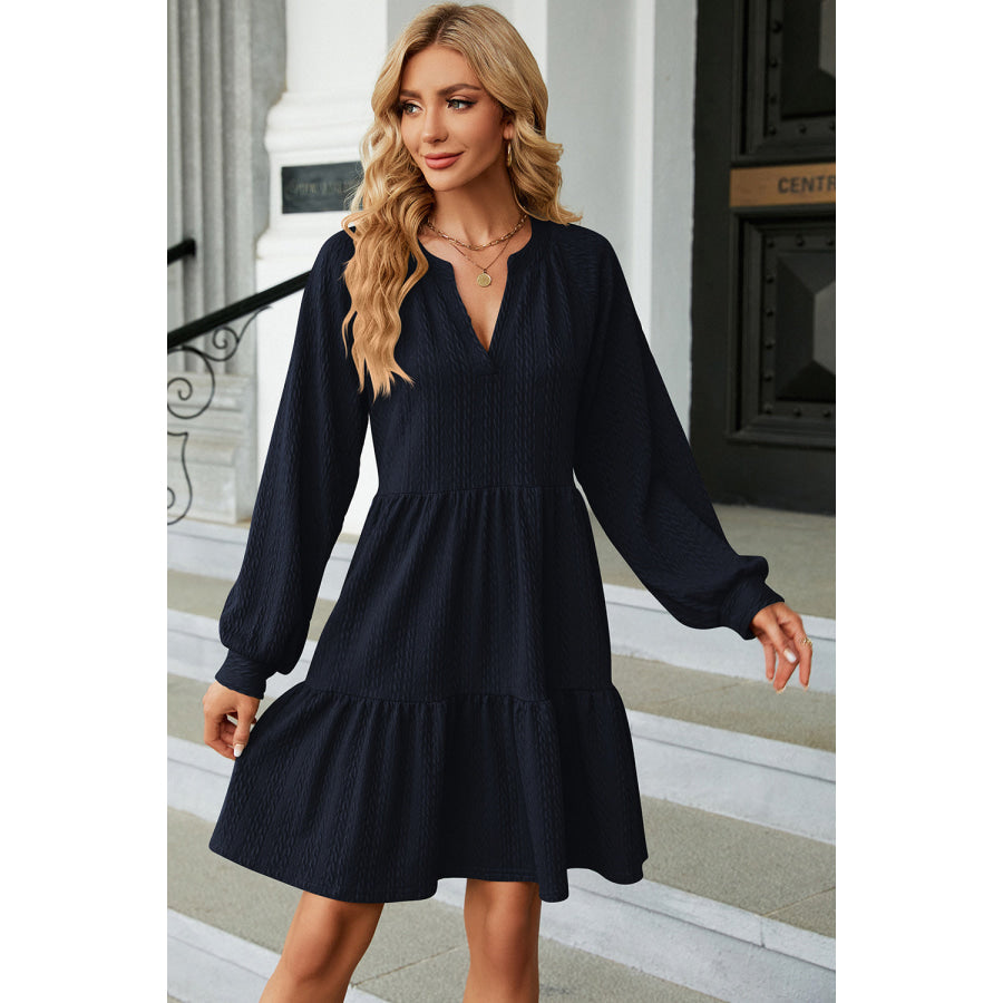 Ruched Notched Long Sleeve Mini Dress Apparel and Accessories