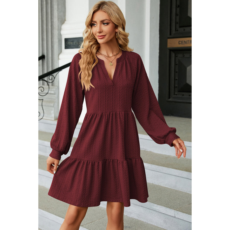 Ruched Notched Long Sleeve Mini Dress Apparel and Accessories