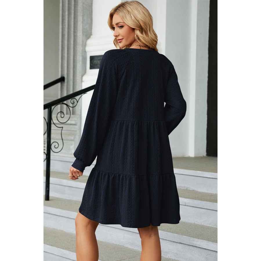 Ruched Notched Long Sleeve Mini Dress Apparel and Accessories